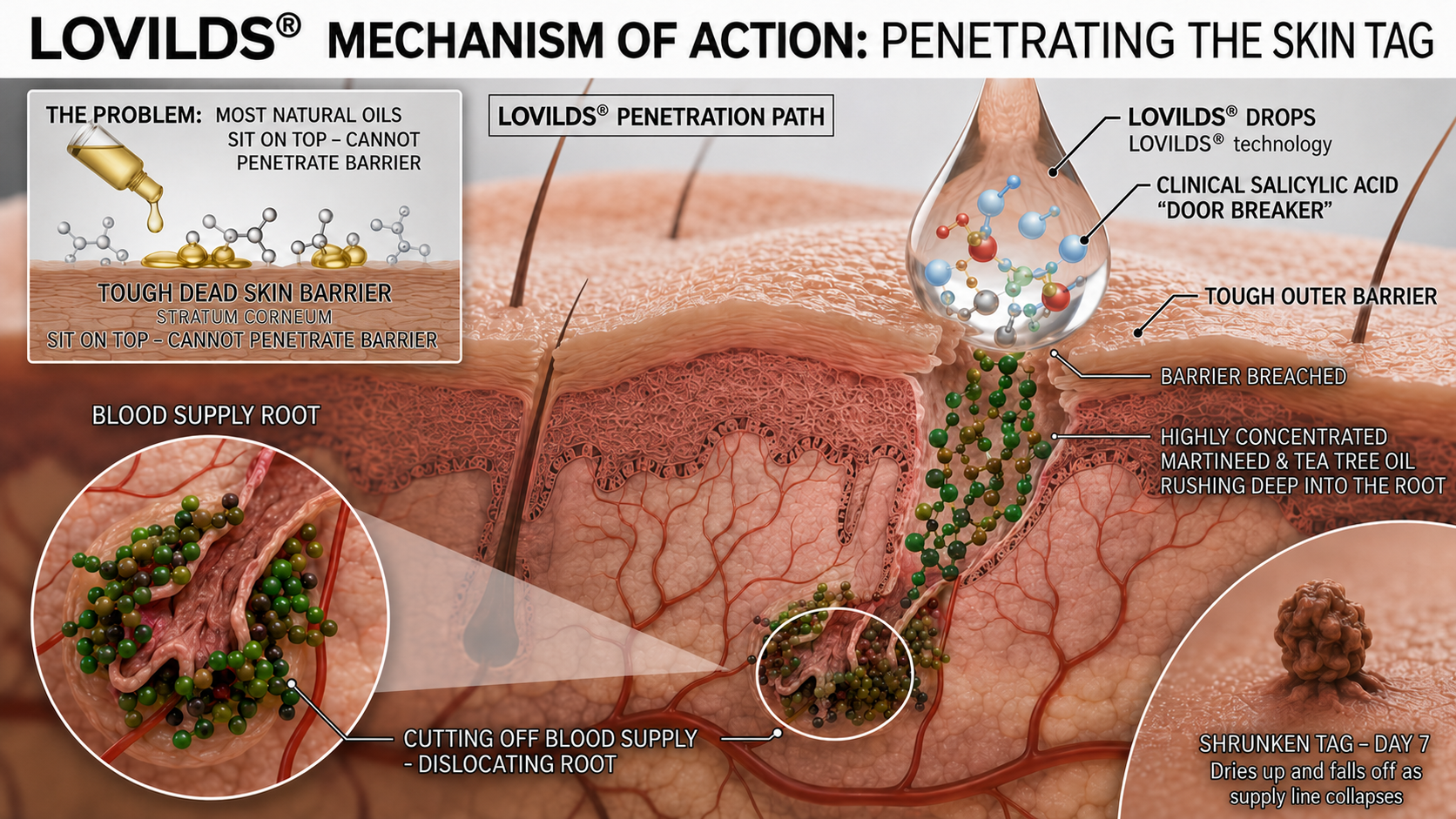 LOVILDS mechanism of action penetrating the skin tag