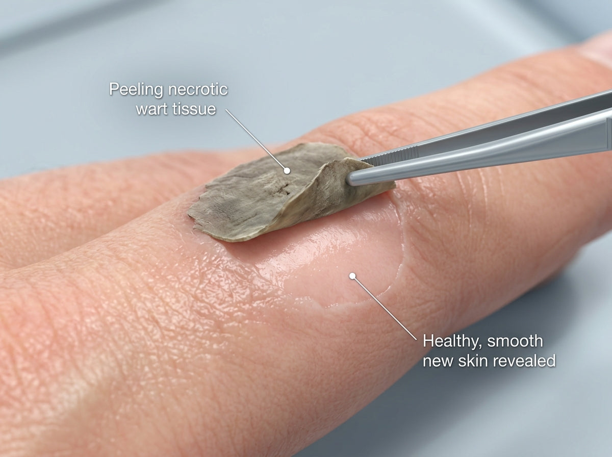 Illustration showing dried surface tissue lifting away from smoother-looking skin