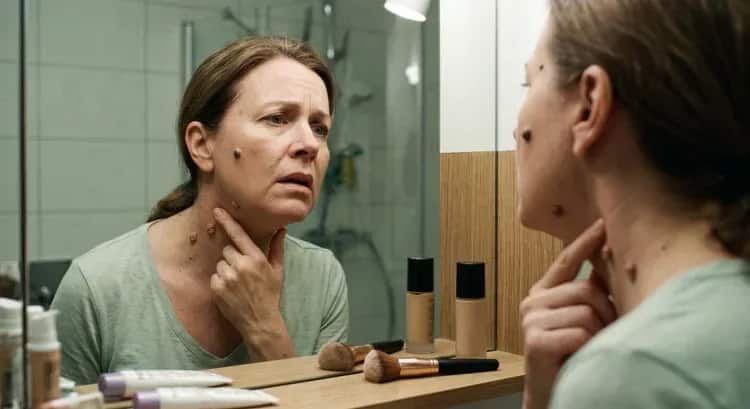 Woman examining her skin in a mirror